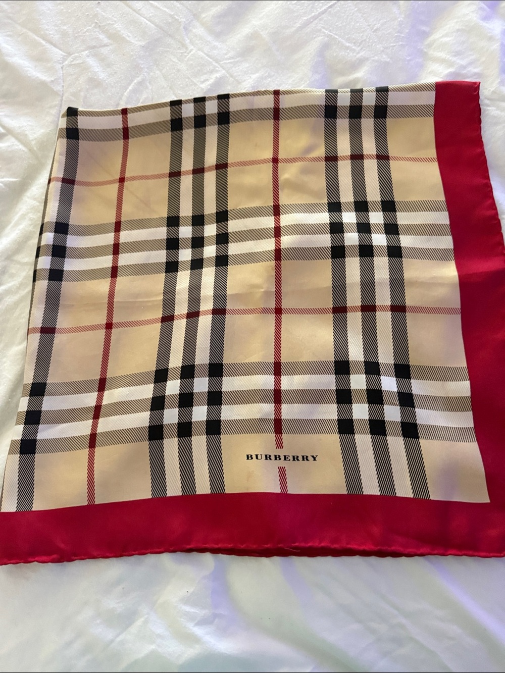 Burberry Beige Plaid Silk Scarf with Red Border